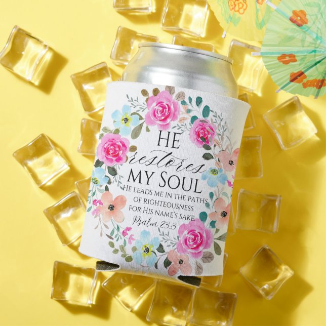 Porta-lata Salmo 23:3 - Ele restaura minha alma Bíblia Floral (Verão in situ)