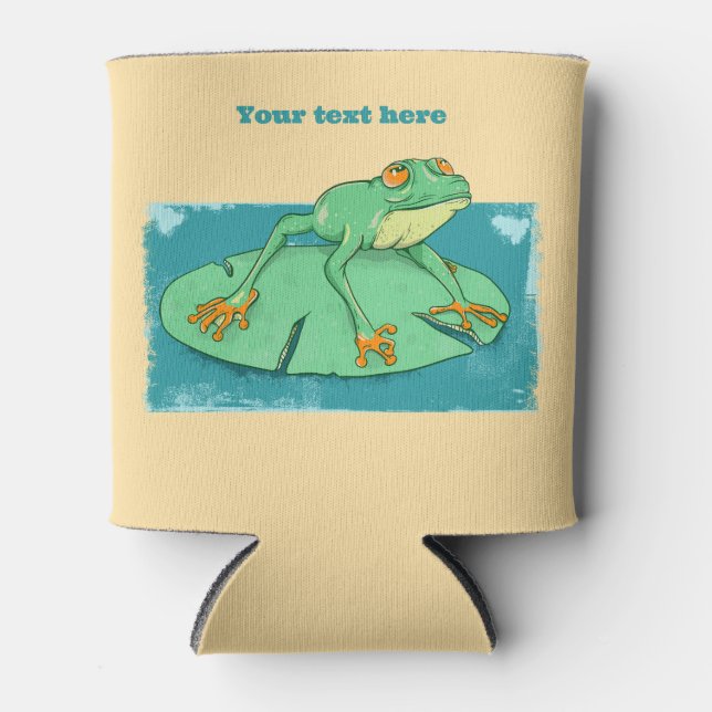 Porta-lata Sapo verde-claro numa almofada de lírios (Frente)