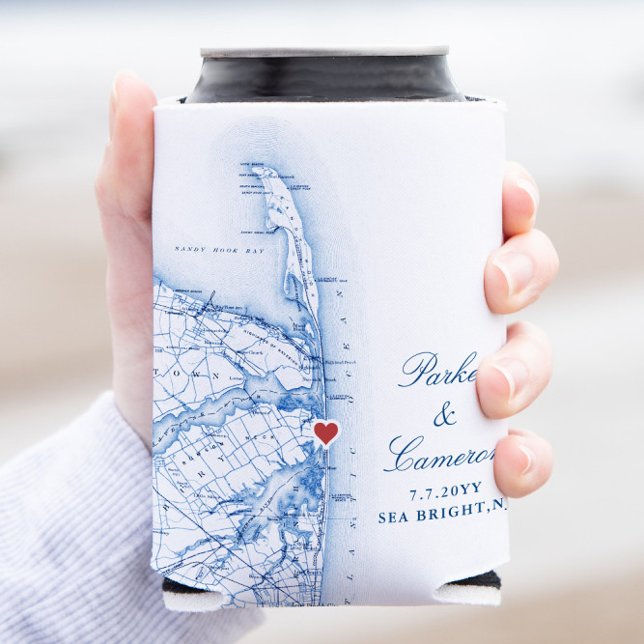 Porta-lata Sea Bright New Jersey Weding Favor Beber (These Sea Bright New Jersey can coozies are perfect for a Windows on the Water destination wedding)