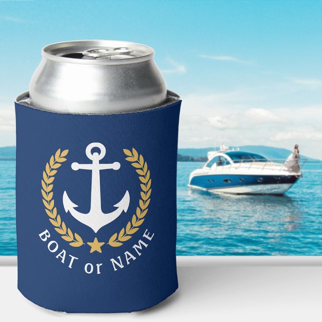 Porta-lata Seu nome de barco Ancora Estilo Dourado Laurel Mar (Edit the design to easily change the primary color if needed.)