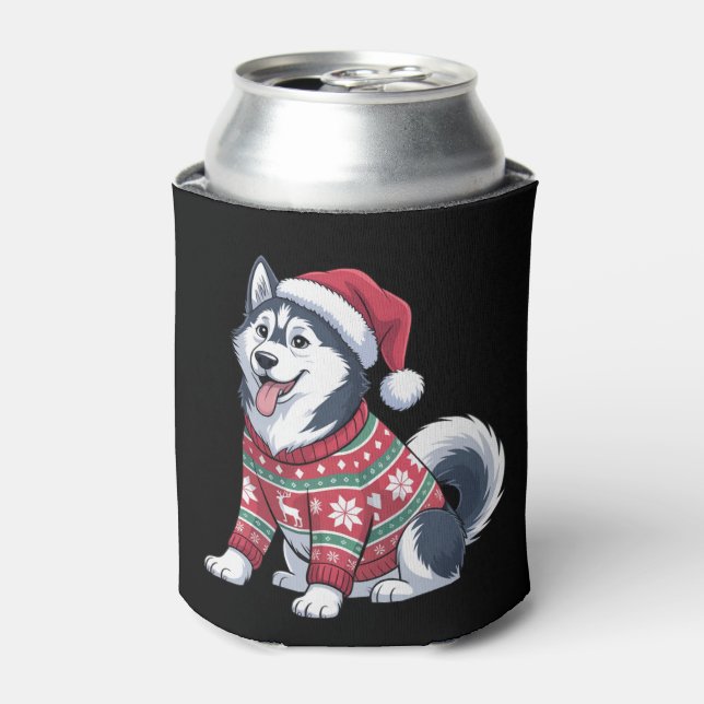 Porta-lata Siberian Husky Dog Ugly Sweater Santa Hat Xmas (Can Front)