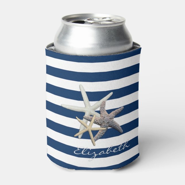 Porta-lata Starfish Adorável, Marinho Azul, Stripes Personali (Can Front)