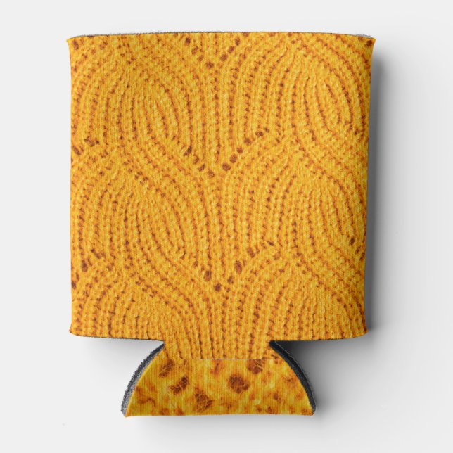 Porta-lata Suéter de malha laranja, fundo texturizado. (Frente)