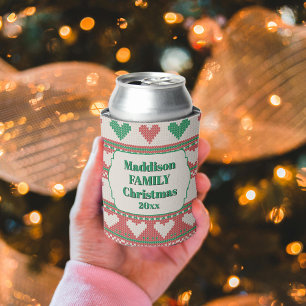 Porta-lata Suéter Feio de Natal Retro Verde Vermelho Corações