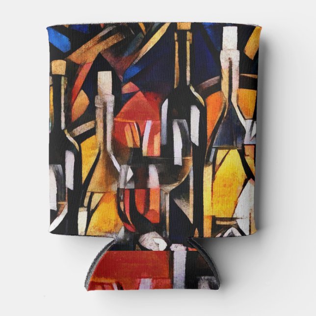 Porta-lata Temas do vinho Cubismo: Garrafas e Uvas (Frente)