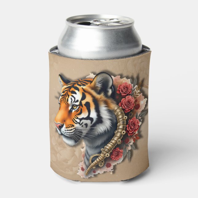 Porta-lata Tigre Steampunk com Ilustração de Rosas. (Can Front)
