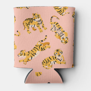 Porta-lata Tigres de desenho animado, padrão de vinheta rosa.