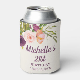 Porta-lata Tonalidade Rosa Floral Creme Roxo 21º Aniversário