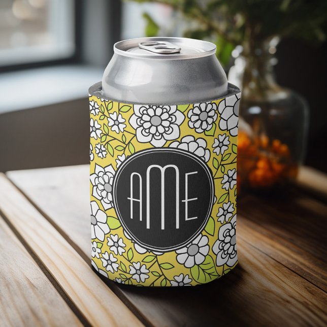 Porta-lata Trendy Daisy Floral Illustração - preto e amarelo (Personalized can cooler with a place to add a name or other custom text)
