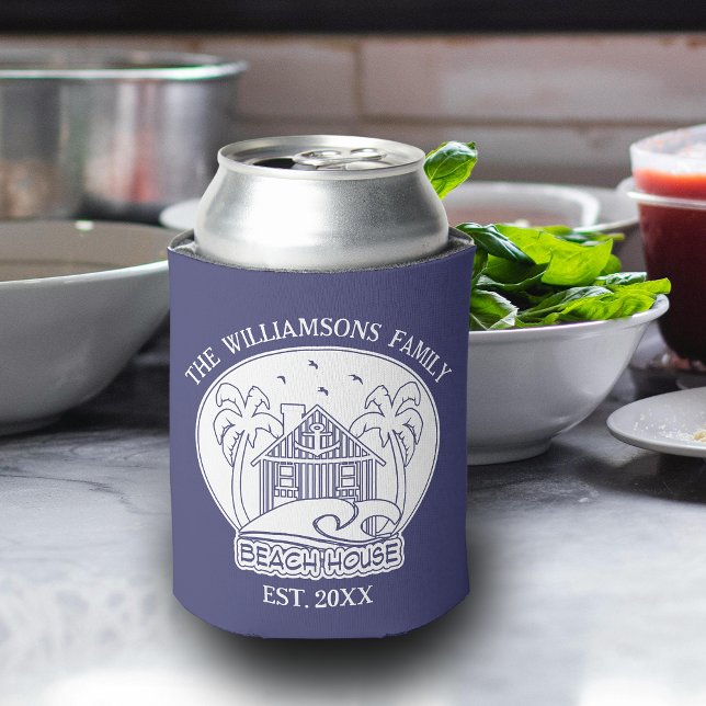 Porta-lata Tropical Palm Tree Family Name Beach House Blue (Criador carregado)