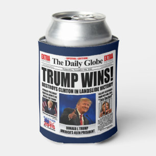 Porta-lata Trump Vence! Sátira de Jornal Anti Clinton Engraça