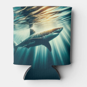 Porta-lata Tubarão no mar azul profundo e luz solar