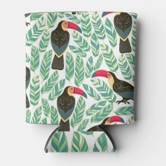 Porta-lata Tucanos, folhas tropicais, padrão decorativo.