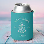 Porta-lata Turquoise Custom Boat Name Anchor Nautical<br><div class="desc">Bring vibrant coastal style to your time on the water with this turquoise custom boat name can cooler. Featuring a classic anchor and ship wheel crest, this nautical drink holder is personalized with your boat name, location, and established date. The bright turquoise color adds a fresh tropical and lake ready...</div>