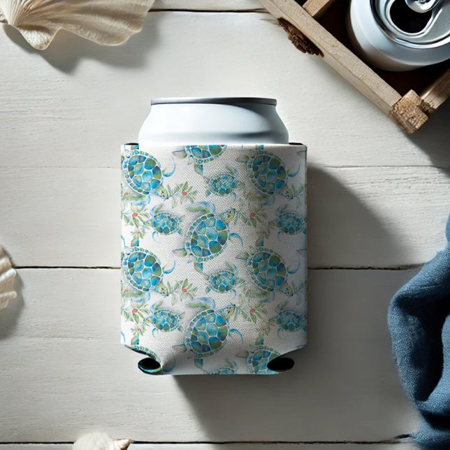 Porta-lata Turquoise Sea Turtle Watercolor (Sea turtle can cooler watercolor pattern in turquoise blue by Victoria Grigaliunas Do Tell A Belle)