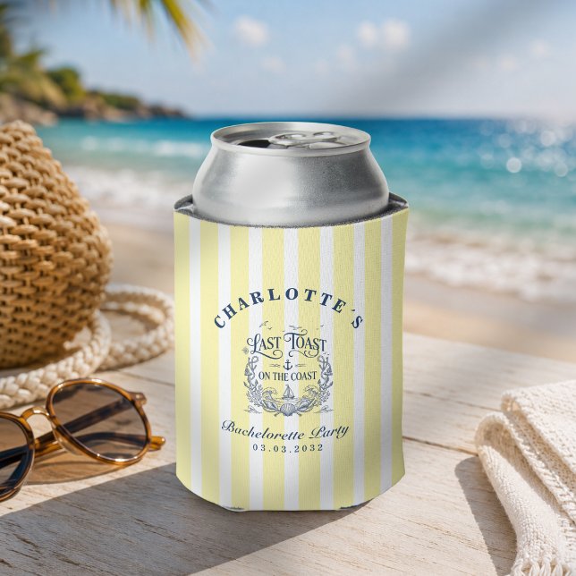 Porta-lata Último brinde na costa! Listras de Despedida de So (Last Toast on the Coast! Bachelorette Yellow Stripes Can Cooler)