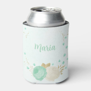 Porta-lata verde menta flores brancas dourado floral casament