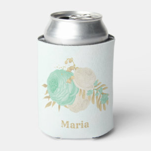 Porta-lata verde menta flores brancas ouro floral casamento