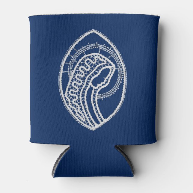 Porta-lata Virgem Abençoada Maria, renda branca, azul marinho (Frente)