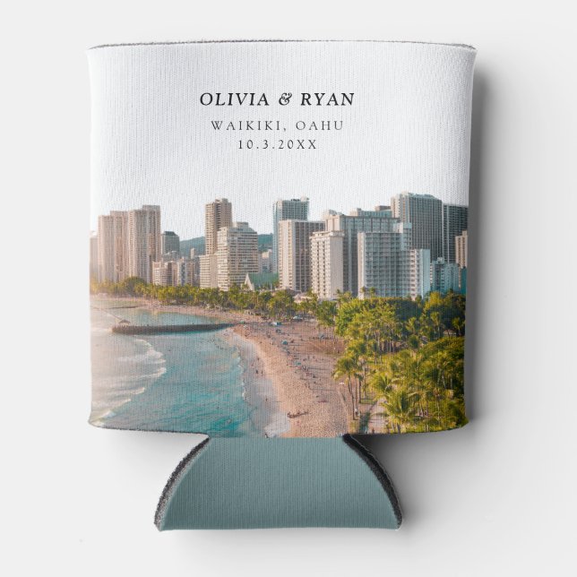 Porta-lata Waikiki Wedding Favor Personalizado Praia Hawaii (Frente)