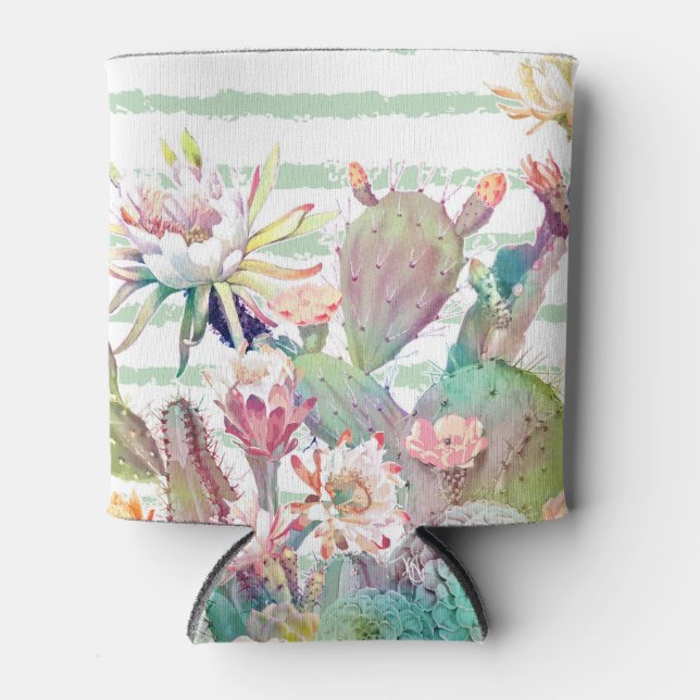 Porta-lata Watercolor Cactus Floral Striper Design (Frente)