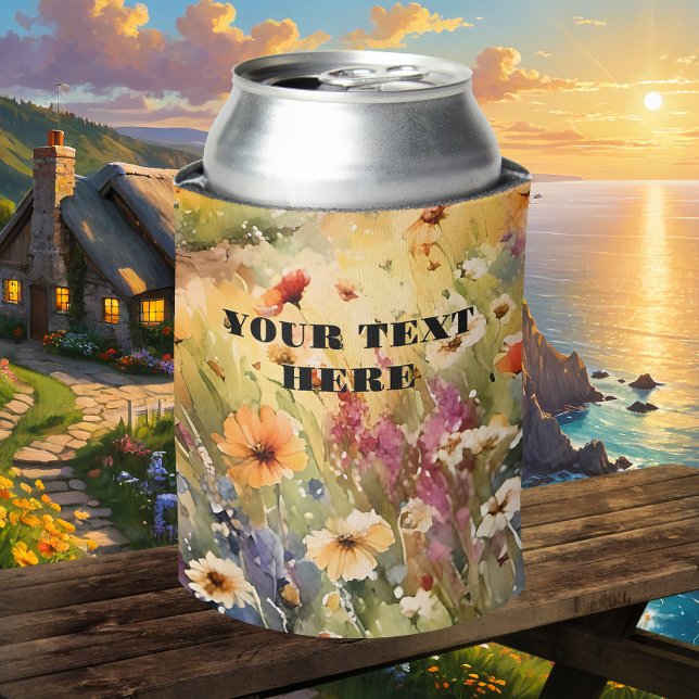 Porta-lata Watercolor Flores Selvagens Verão (Elegant can cooler featuring a watercolor image of wildflowers in multiple cheerful colors)
