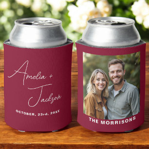 Porta-lata Wedding Favor Photo Burgundy Modern