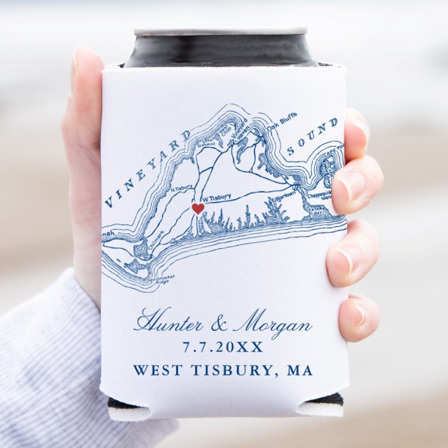 Porta-lata West Tisbury Map Elegante Marinho Blue Wedding Fav (West Tisbury Martha's Vineyard Wedding favor can coozie in elegant navy blue by Coastal Map Designs)