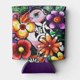 Porta-lata Whimsical Abstract Puffin Bird In Flowers