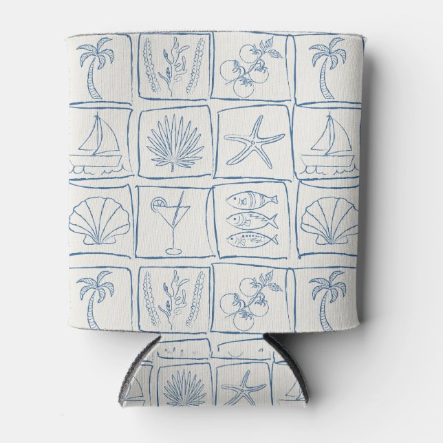 Porta-lata Whimsical Coastal Mediterranean Tile Linen Cobalt (Frente)