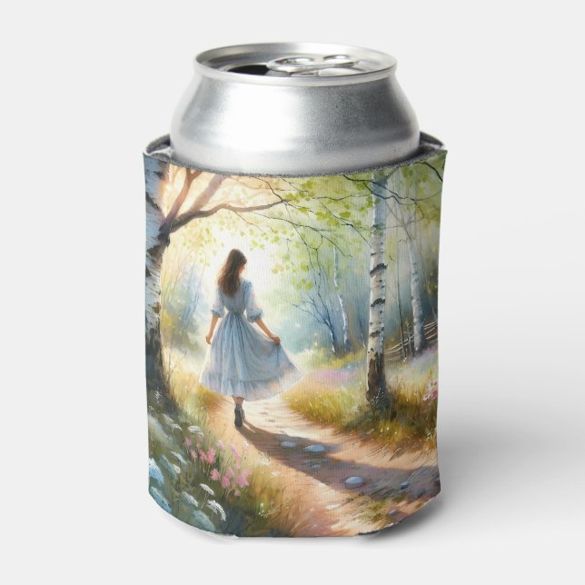 Porta-lata Whimsical Girl Dancing Through Birch Forest (Can Front)