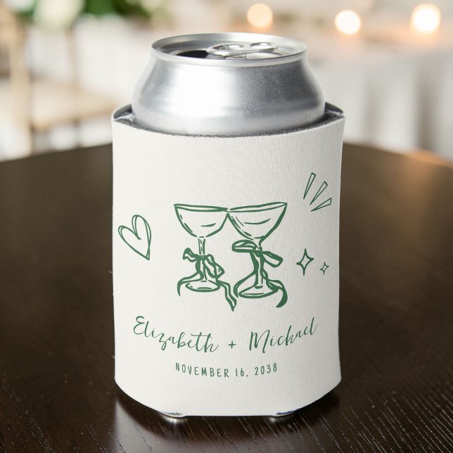 Porta-lata Whimsical Hand Drawn Romantic Green Cream Wedding (Whimsical Hand Drawn Romantic Green Cream Wedding Can Cooler)
