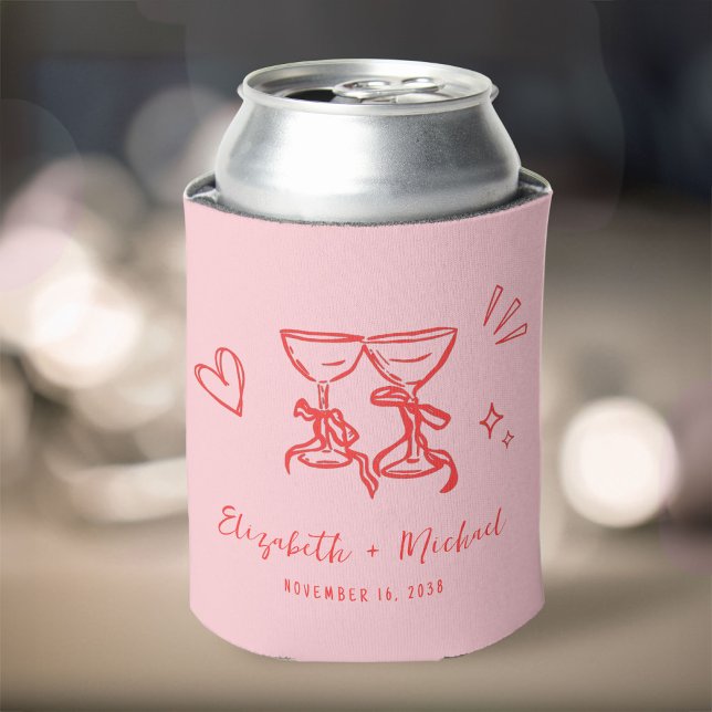Porta-lata Whimsical Hand Drawn Romantic Pink Red Wedding (Whimsical Hand Drawn Romantic Pink Red Wedding Can Cooler)