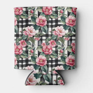 Porta-lata Xadrez Preta e Branca com Camellias Rosa Folha