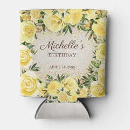 Porta-lata Yellow Floral Rosa Dourada Glitter Nome de Anivers