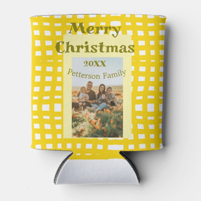 Porta-lata Yellow white plaid retro Christmas holiday family  (Frente)