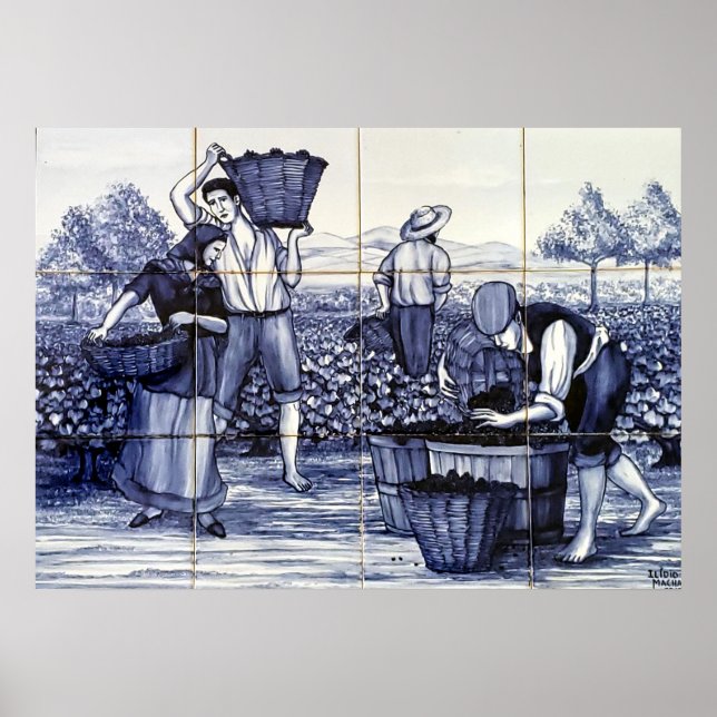 Portuguese Blue Tile Poster Grape Harvest :Azulejo (Frente)
