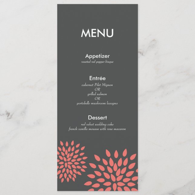 Posh Petals | Coral | Cartão Menu Recepção (Frente)