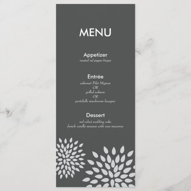 Posh Petals | Prata | Cartão Menu de Recepção (Frente)