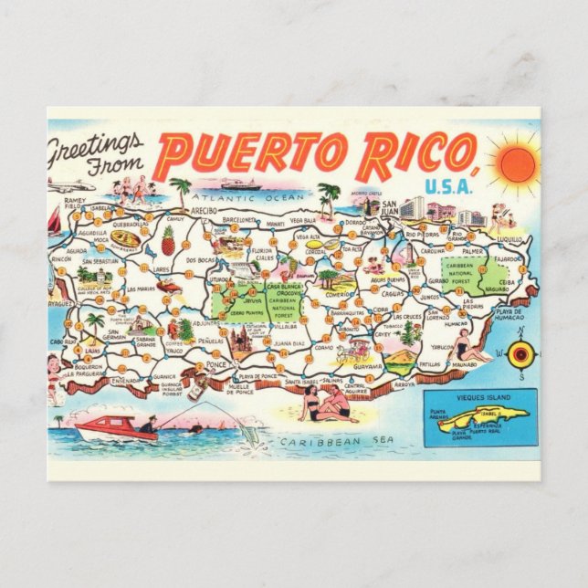 Postal Antigo Mapa Ilustrado do Porto Rico em Cartão Post (Frente)