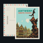 Postal Antuérpia Grote Markt ilustração Bélgica Cartão po<br><div class="desc">Um presente de excelente para todos os amantes belgas ideais para oferecer ou enviar a um amigo,  um belo cartão postal de ilustração retrô original com vista ao Grote Markt em Antuérpia Bélgica</div>