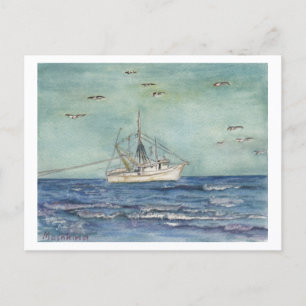 Postal Aquarela De Barco De Camarão. Cartão Postal.