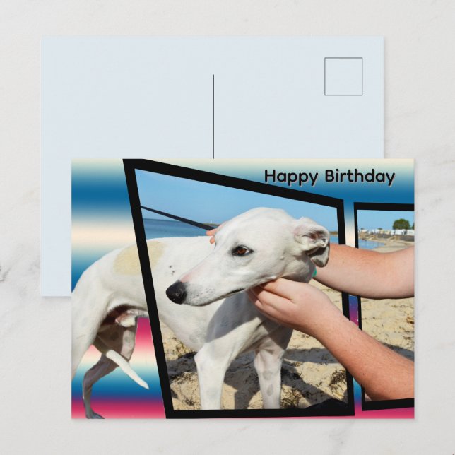 Postal Arte Dimensional de Whippet Branco, Cartão de Aniv (Frente/Verso)