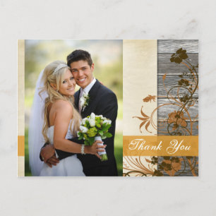 Postal Autumn Flowers FAUX Wood Foto Obrigado Cartão de P