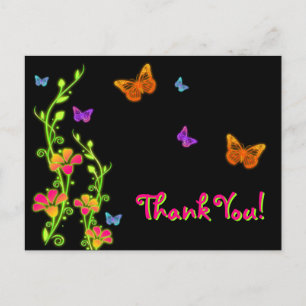 Postal Borboletas Neon e Flores Obrigado Cartão de Posto