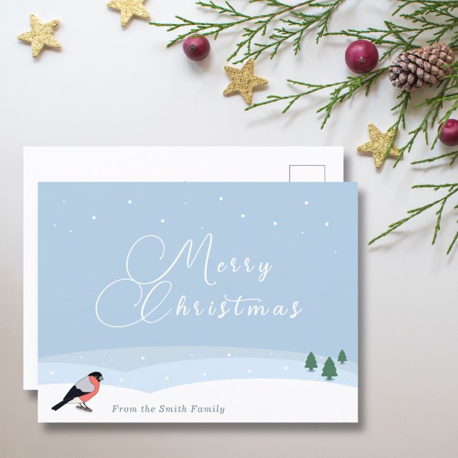 Postal Bullfinch & Snowy Landscape Cartão de Natal Feliz (Bullfinch & Snowy Landscape Merry Christmas Card - Front)