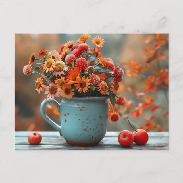Postal cai saudando flores de cartão num vaso (Frente)