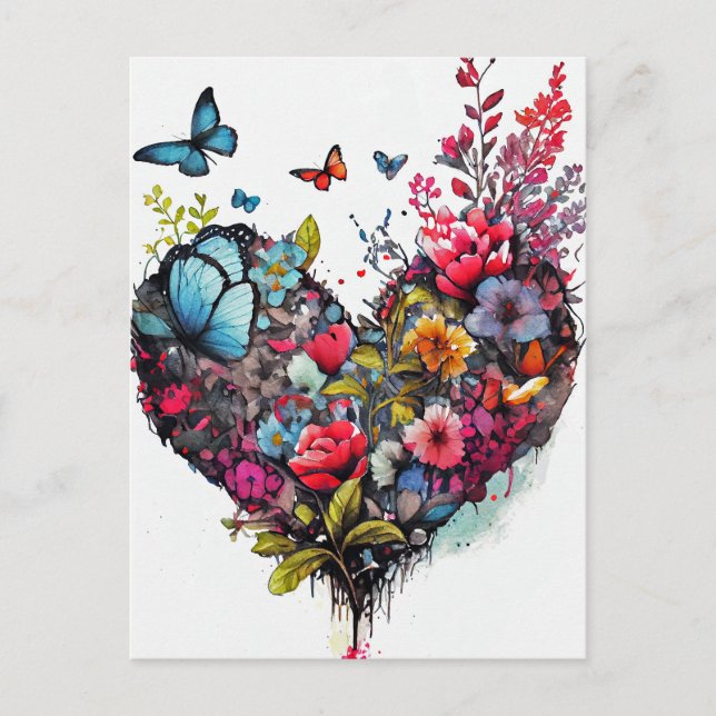Postal Cartão com flores de aquarela e borboletas no cora (Frente)