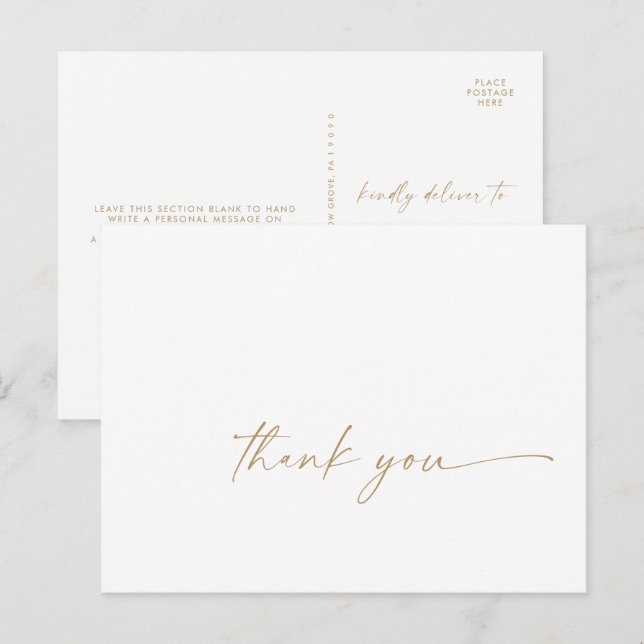 Postal Cartão de agradecimento com escrita dourada modern (Frente/Verso)