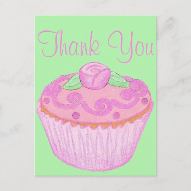 Postal Cartão de Agradecimento Cupcake Rosa Verde 3 (Frente)